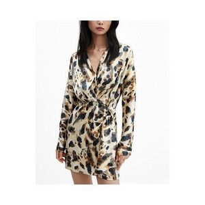MNG Mango Womens Leopard Print Long Sleeve V-Neck Faux Wrap Mini Dress Medium